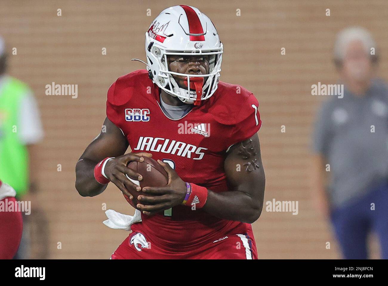 MOBILE, AL - SEPTEMBER 24: South Alabama Jaguars quarterback Desmond  Trotter (1) sets to pass during a college football game between the  Louisiana Tech Bulldogs and the South Alabama Jaguars at Hancock-Whitney