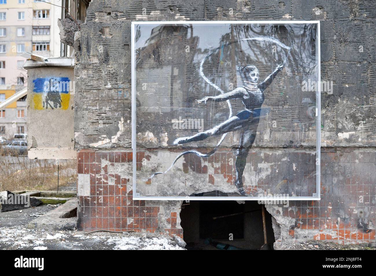 IRPIN, UKRAINE - FEBRUARY 22, 2023 - A protective glass case seals the art piece that depicts a rhythmic gymnast performing the ribbon routine created Stock Photo