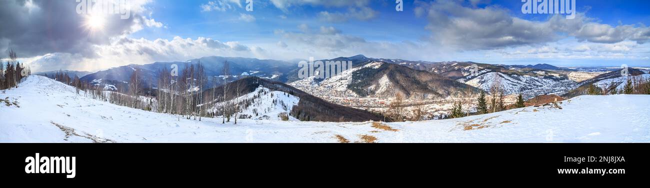 Winter landscape, panorama, banner - top view of the snowy mountain ...