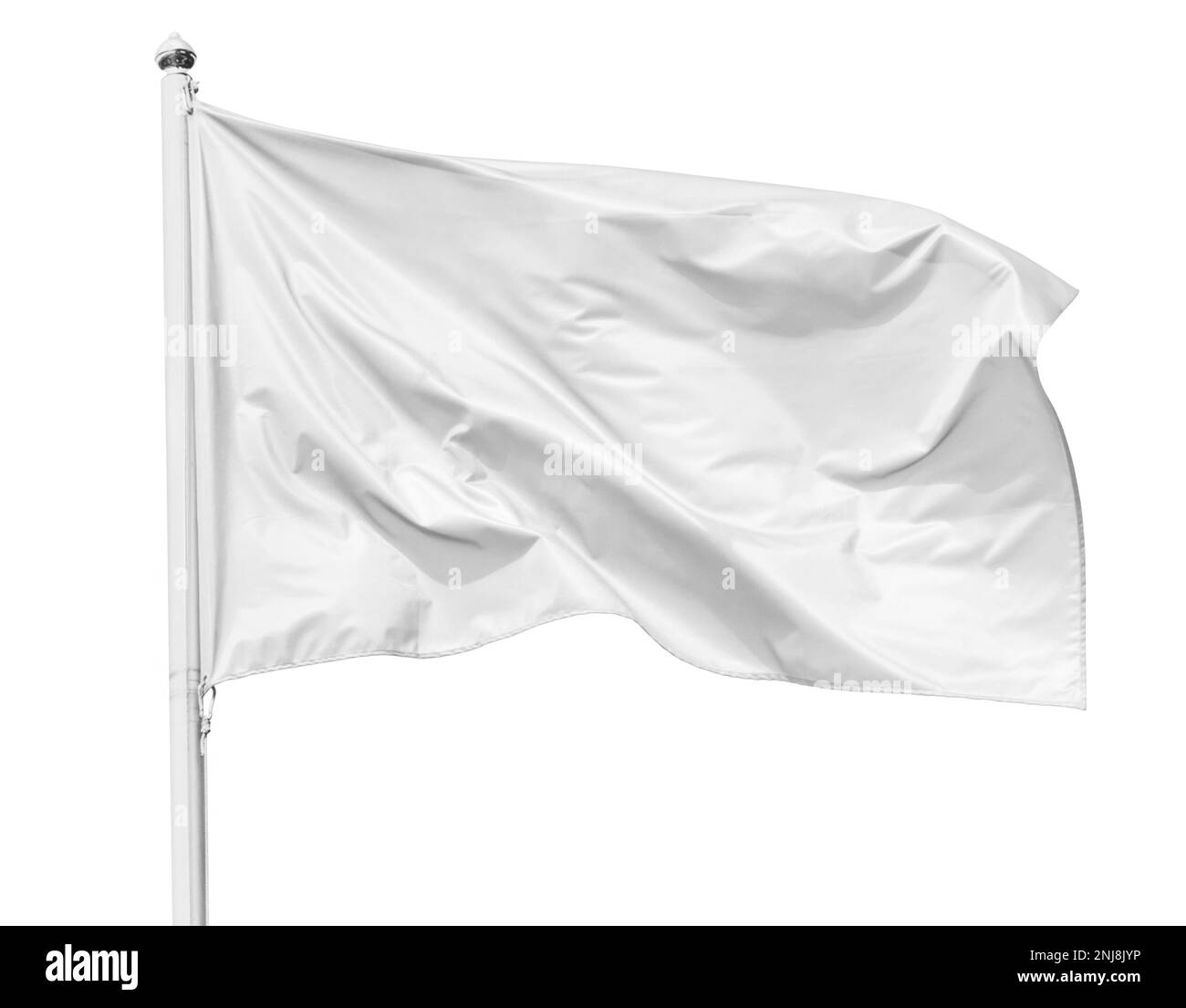White flag waving in the wind on flagpole, isolated on white background, closeup Stock Photo