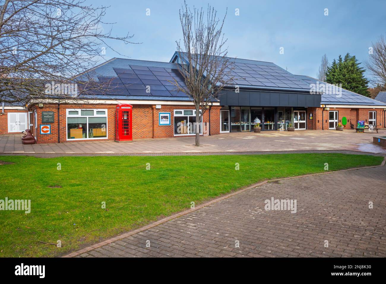 The former Bellamy Pavilion at the Kirkleatham museum Redcar and Cleveland used for exhibitions conferences and education with a new roof and solar pa Stock Photo