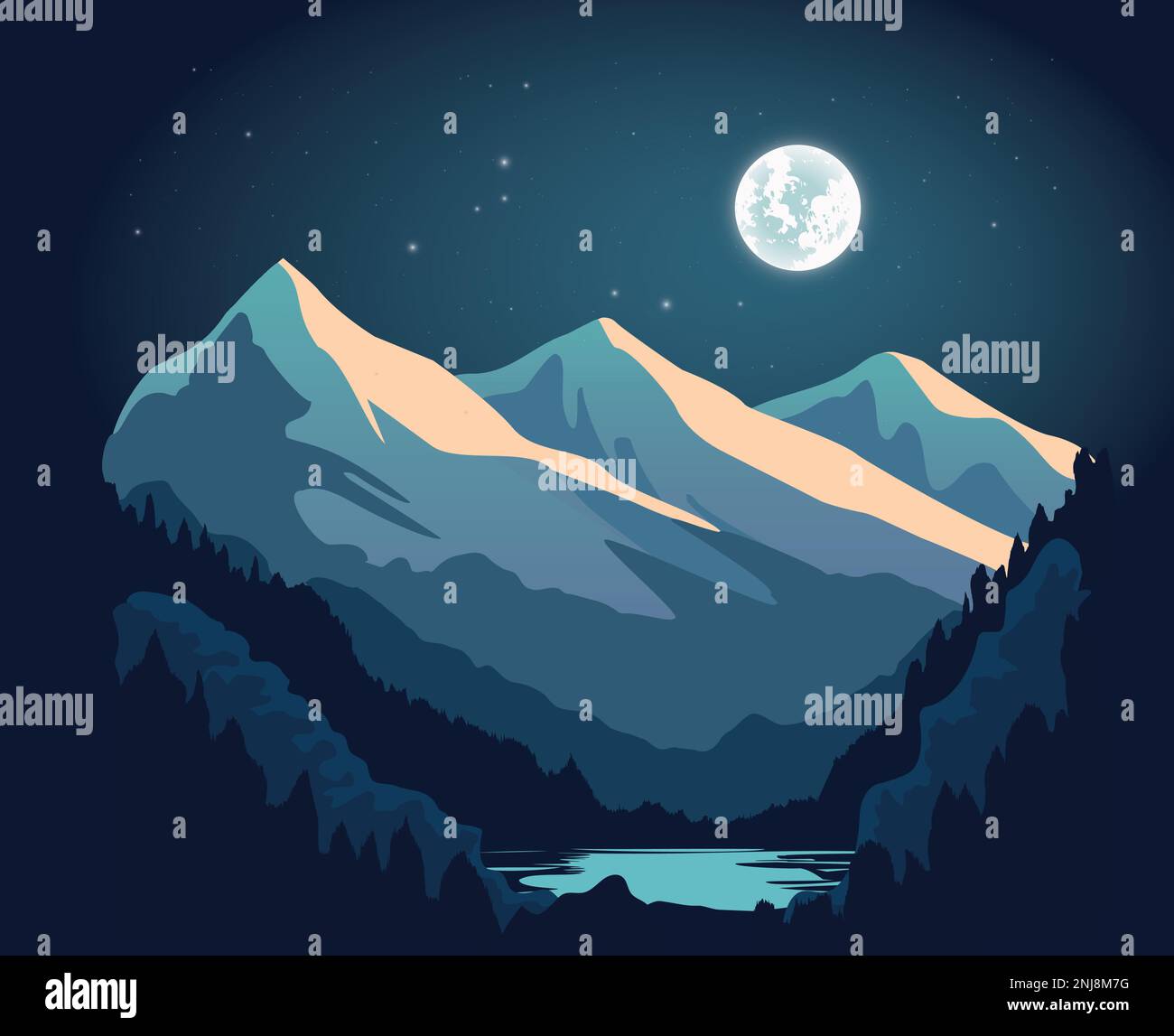 Night Landscape with Mountain and Moon and Stars. Vector illustration ...