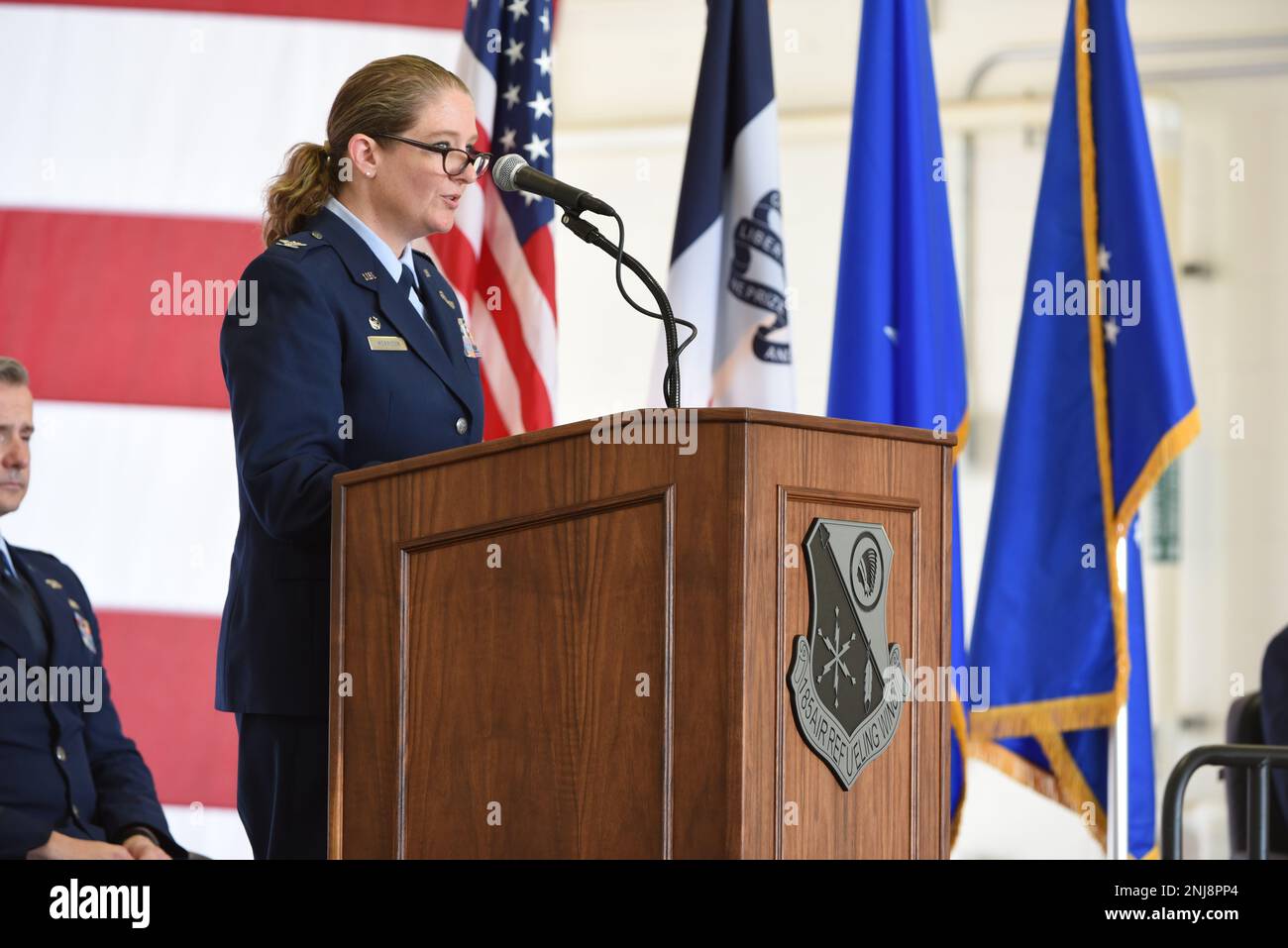 U.S. Air National Guard Col. Sonya L. Morrison, 185th Air Refueling Wing Commander, speaks to 185th ARW personnel at her Change of Command ceremony at the 185th Air Refueling Wing at Sioux City, Iowa, August 6, 2022. Morrison is replacing Col. Mark A. Muckey as wing commander. Stock Photo