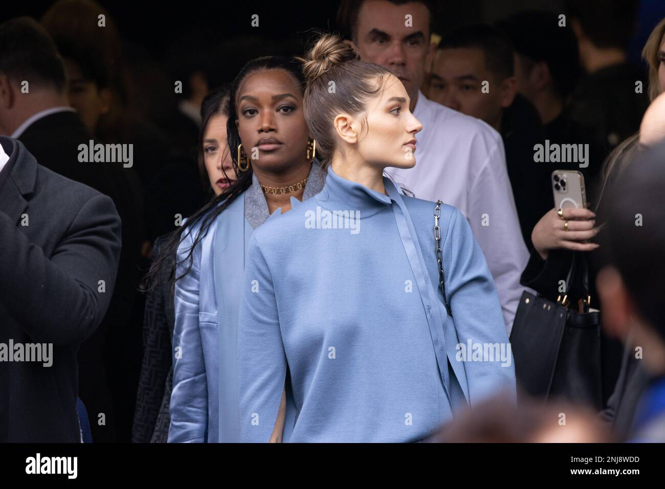 Milan, Italy. February 22, 2023, Iza and Sasha Meneghel are seen at the Fendi Fashion Show during Milan Fashion Week on February 22, 2023 in Milan, Italy. ©Photo: Cinzia Camela. Stock Photo