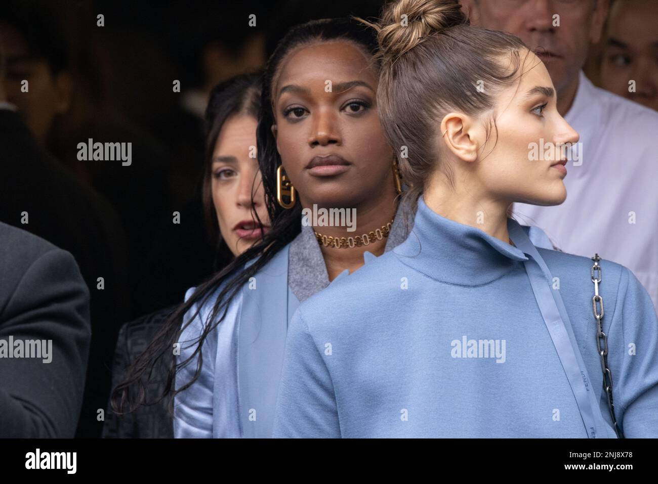 Milan, Italy. 22nd Feb, 2023. Iza and Sasha Meneghel are seen at the Fendi Fashion Show during Milan Fashion Week on February 22, 2023 in Milan, Italy. © Photo: Cinzia Camela. Credit: Independent Photo Agency/Alamy Live News Stock Photo