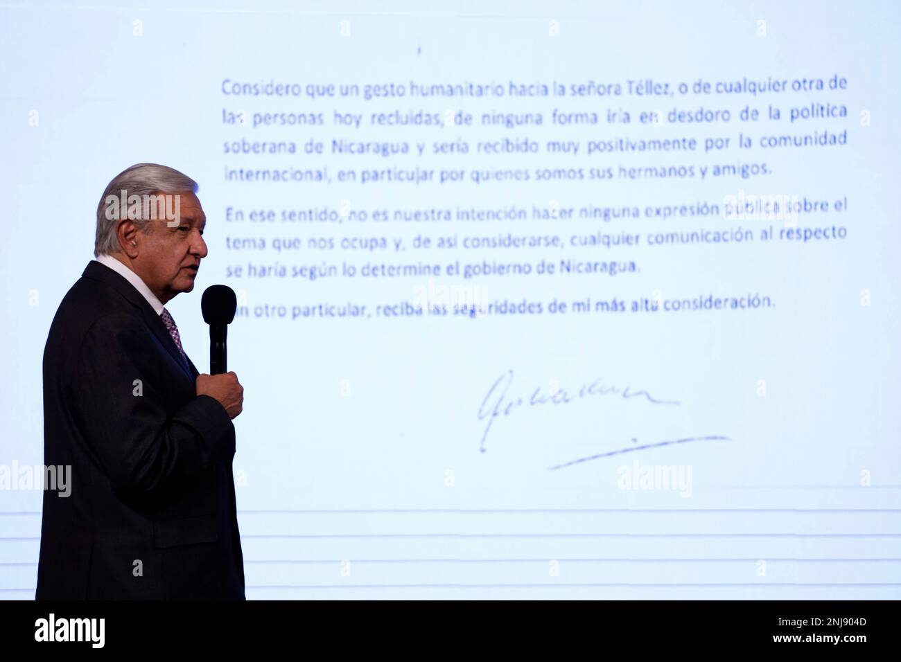 Mexico City, Mexico. 22nd Feb, 2023. Mexican President Andres Manuel Lopez Obrador shows a letter addressed to Nicaraguan President Daniel Ortega at the press conference at the National Palace in Mexico City. on February 22, 2023 in Mexico City, Mexico (Credit Image: © Luis Barron/eyepix via ZUMA Press Wire) EDITORIAL USAGE ONLY! Not for Commercial USAGE! Stock Photo