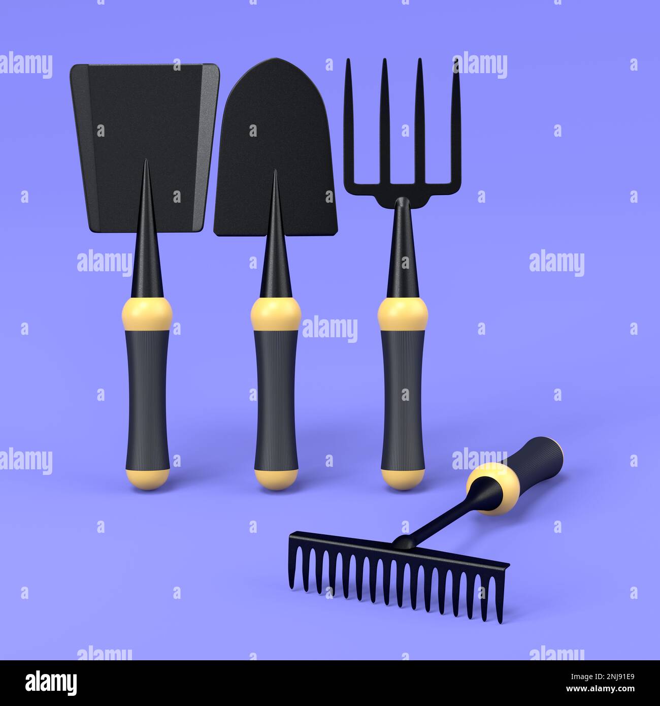 Garden shovel, pitchfork and rake on violet background. 3d render of ...