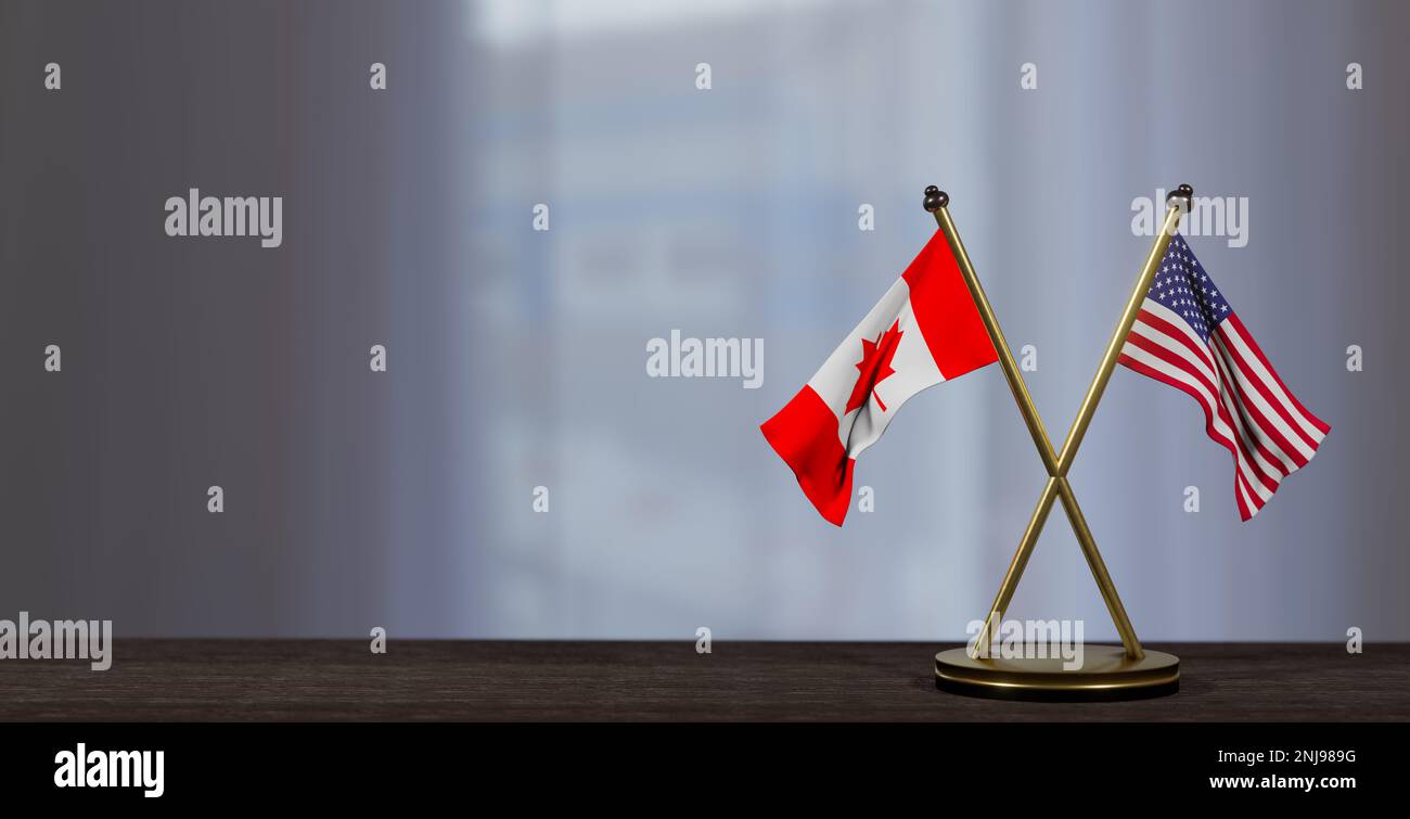 Canada and USA flags on table. Negotiation between Canada and United States. on little blur background. 3D work and 3D image Stock Photo