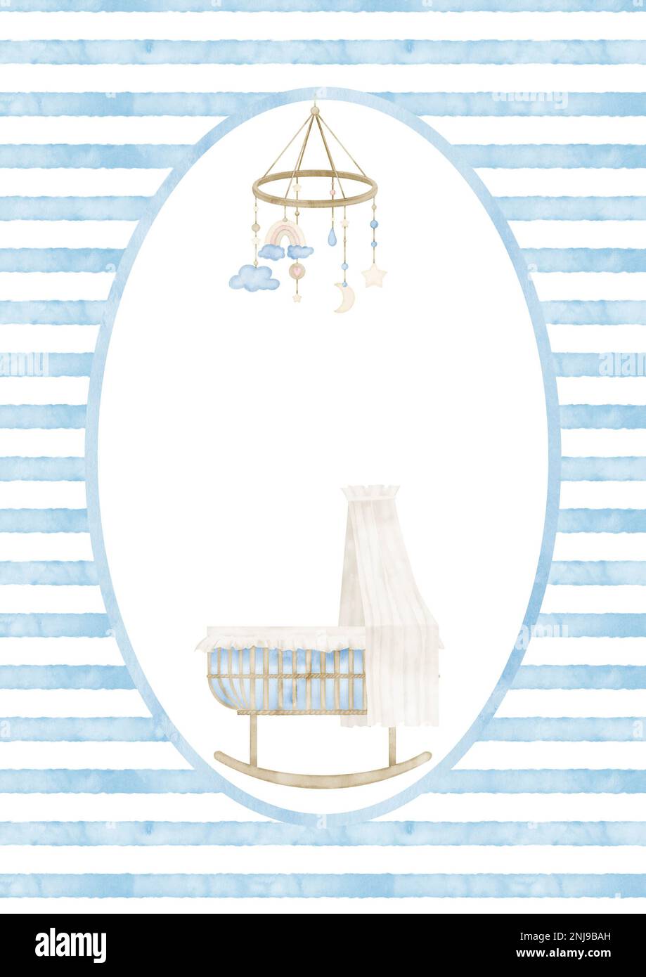 Template with baby Cradle and hanging mobile for newborn shower. Hand drawn watercolor illustration with childish crib in blue pastel colors for greeting cards or invitations on isolated background. Stock Photo