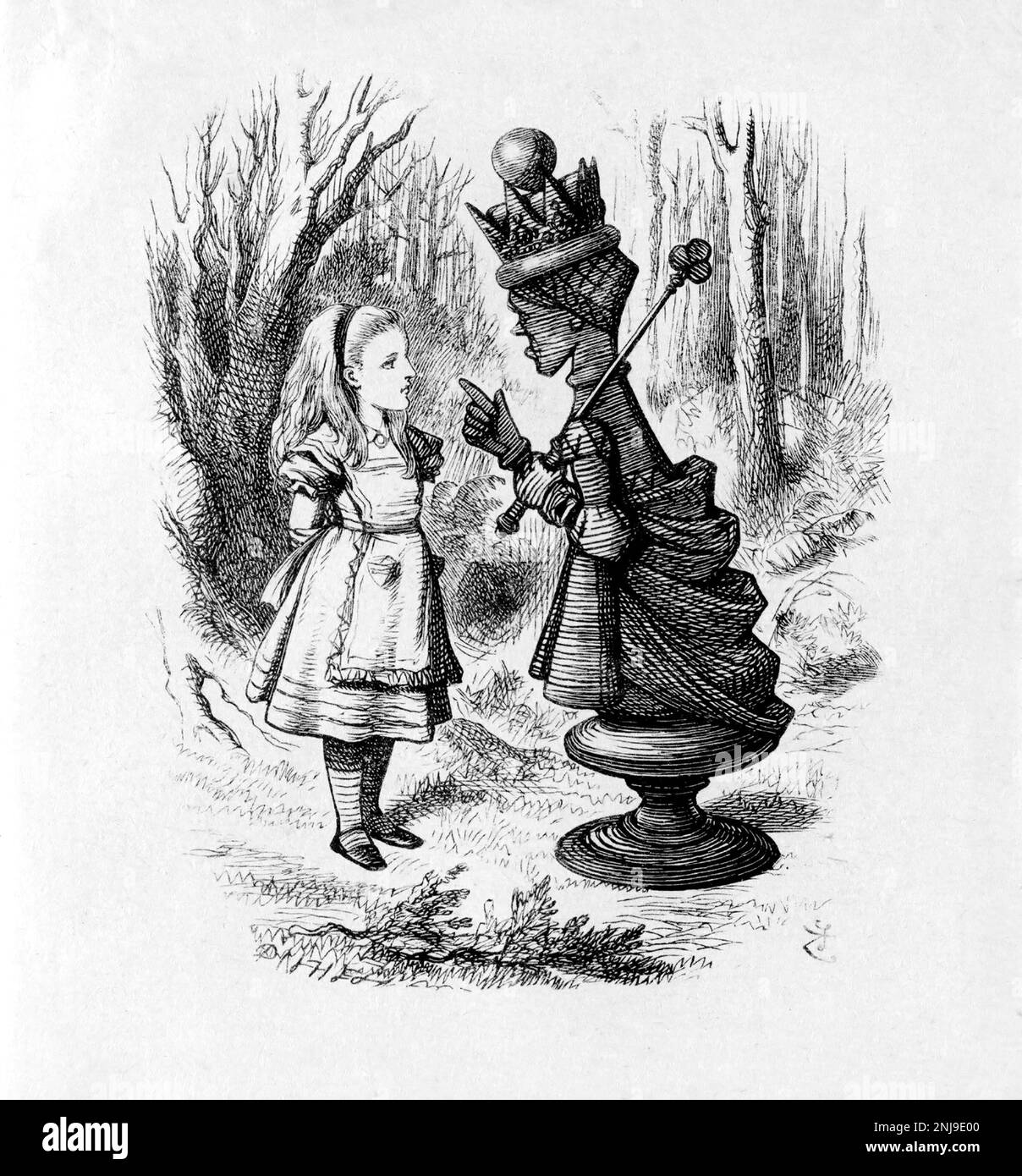 Alice and the Red Queen, an illustration by Sir John Tenniel for Lewis Carroll's 'Through the Looking-Glass, and What Alice Found There', engraving, 1872 Stock Photo