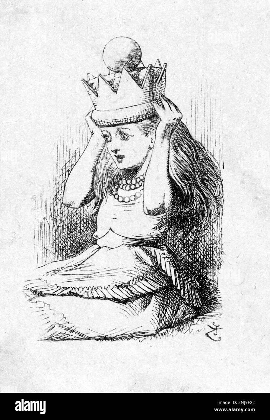 Alice with the Crown, an illustration by Sir John Tenniel for Lewis Carroll's 'Through the Looking-Glass, and What Alice Found There', engraving, 1872 Stock Photo