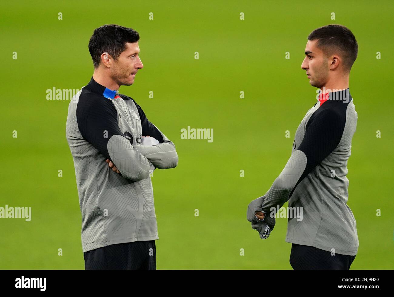 Barcelona's Robert Lewandowski (left) and Ferran Torres during a training session at Old Trafford, Manchester. Picture date: Wednesday February 22, 2023. Stock Photo