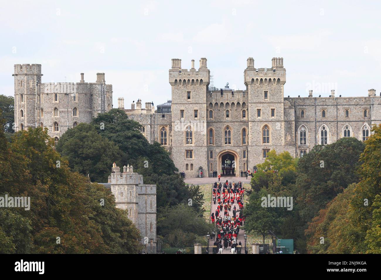 The coffin of Queen Elizabeth II is carried in a hearse towards Windsor ...