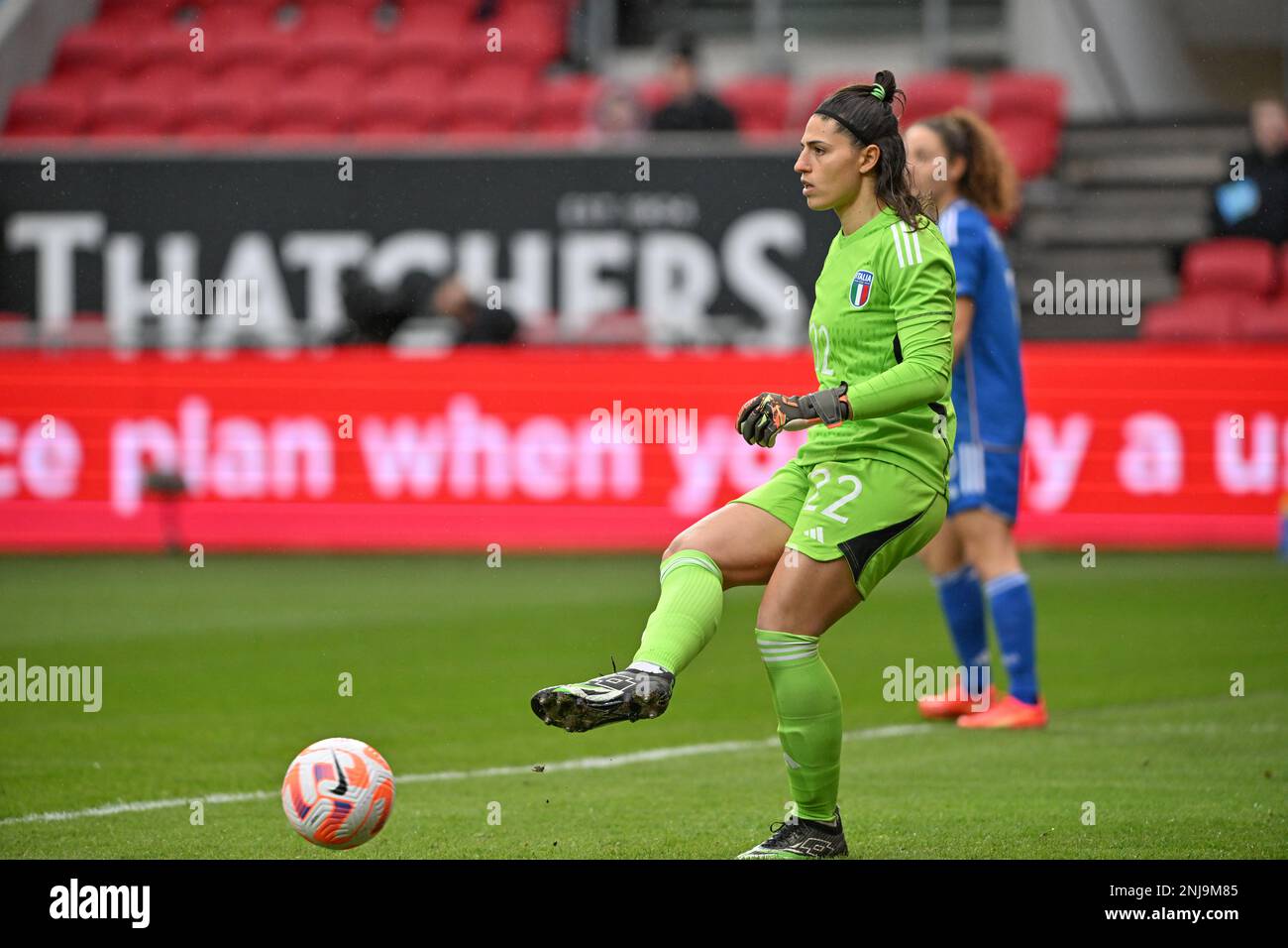 Bristol , ENGLAND .  22 February 2023, goalkeeper Rachele Baldi (22) of Italy pictured during a friendly women soccer game between the national female soccer teams of Korea Republic and Italy , called the Azzurre, on their third and last game in the Arnold Clark Cup 2023 ,  Wednesday 22 February 2023  in Bristol , ENGLAND . PHOTO SPORTPIX | David Catry Stock Photo