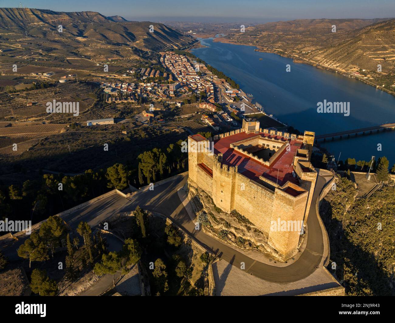 Aerial view of the new town and the castle of Mequinenza on the banks of the Segre river (Bajo Cinca, Zaragoza, Aragon, Spain) Stock Photo