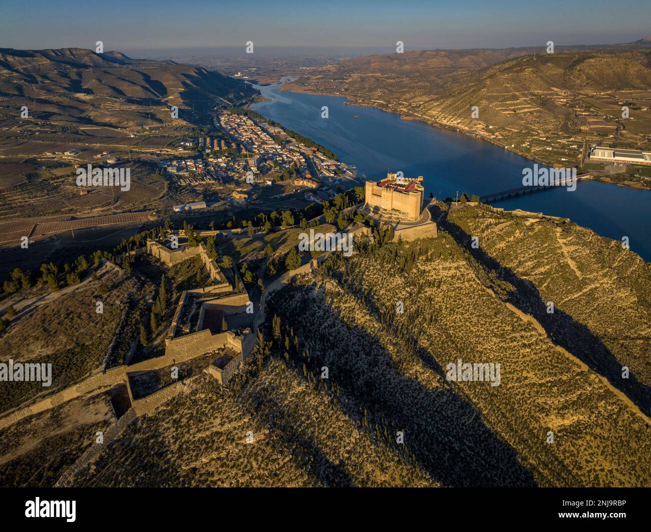 Aerial view of the new town and the castle of Mequinenza on the banks of the Segre river (Bajo Cinca, Zaragoza, Aragon, Spain) Stock Photo