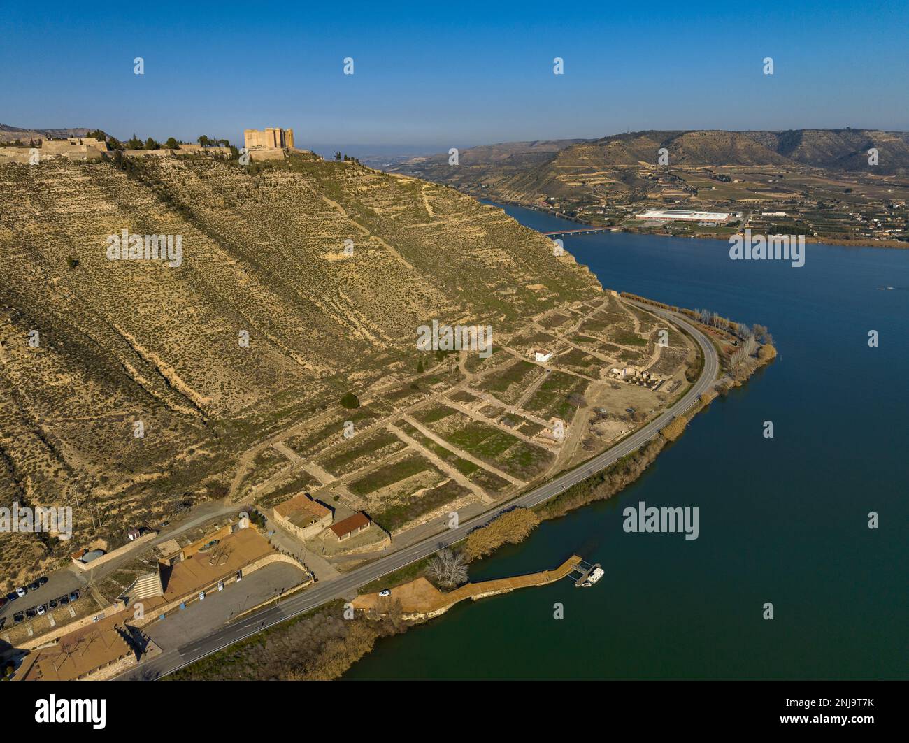 Aerial view of the old town and the castle of Mequinenza at the confluence of the Segre and Ebro rivers (Bajo Cinca, Zaragoza, Aragon, Spain) Stock Photo