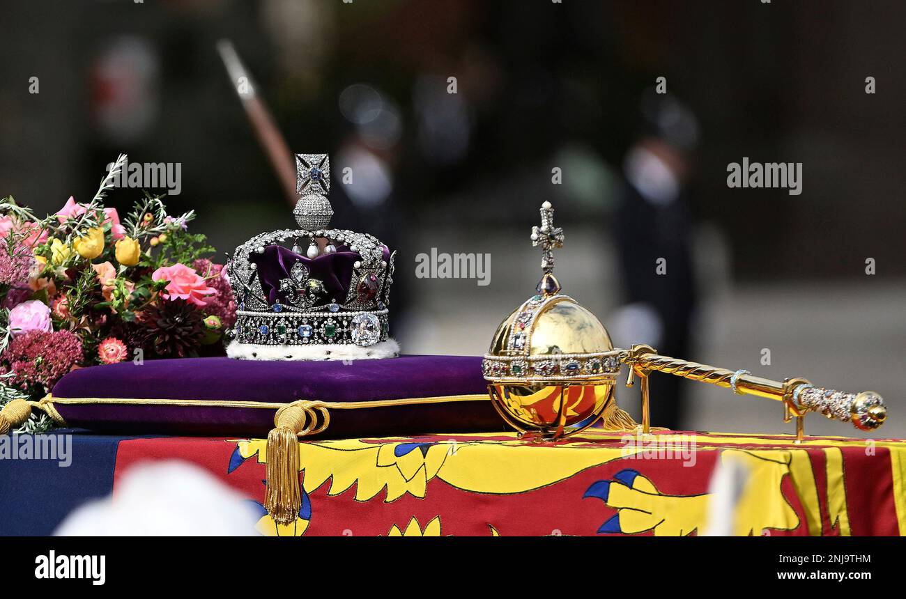 The coffin, draped in the royal standard with the imperial state crown