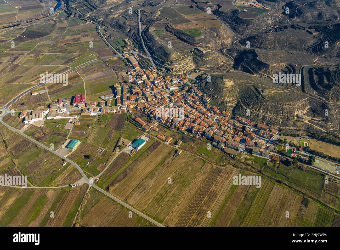 Aerial view of the village of La Granja d'Escarp in winter (Segrià, Lérdia, Catalonia, Spain) ESP: Vista aérea del pueblo de La Granja d'Escarp Lérida Stock Photo