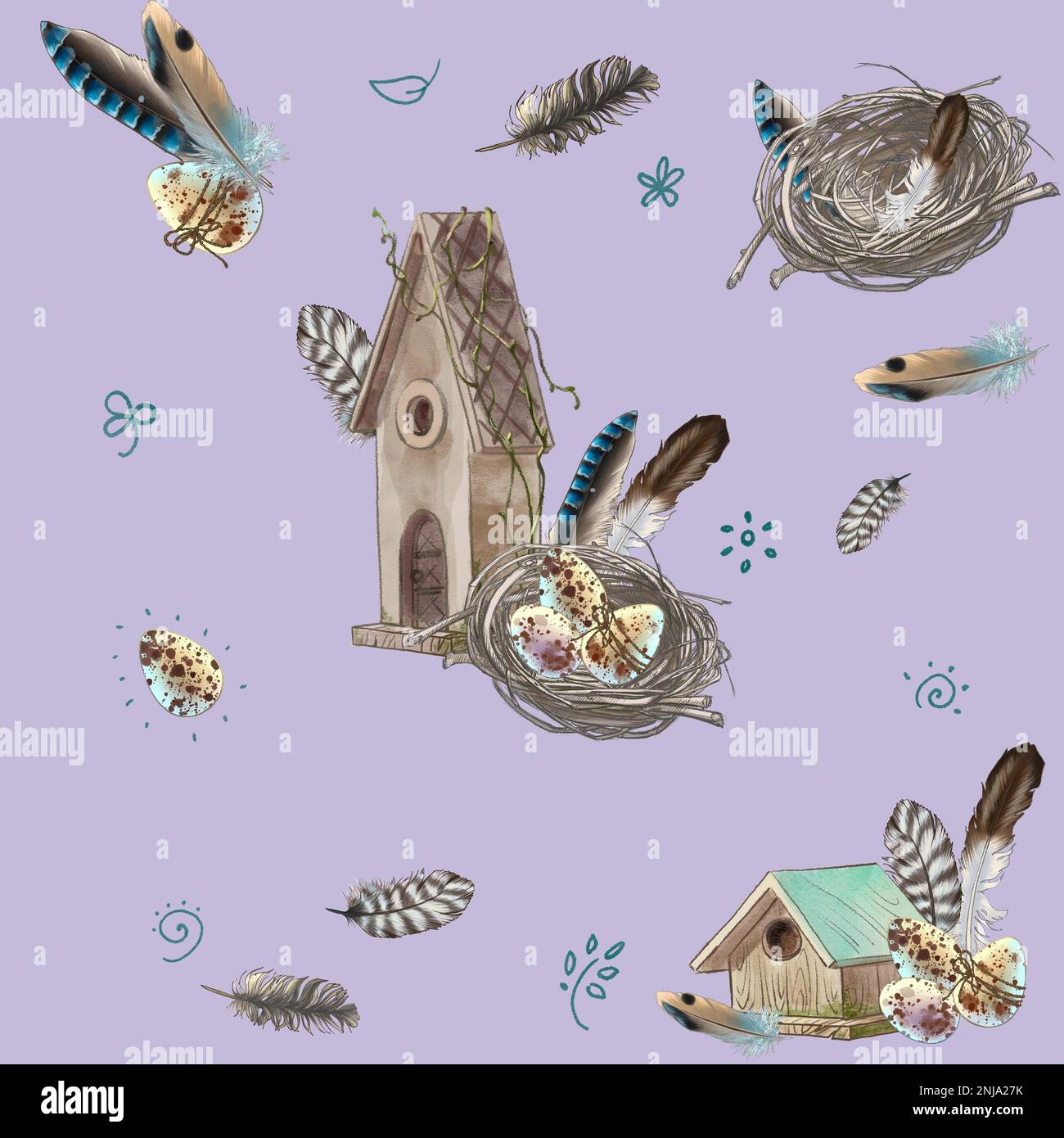 Seamless pattern with bird, nest, eggs, spring and easter themes. High ...