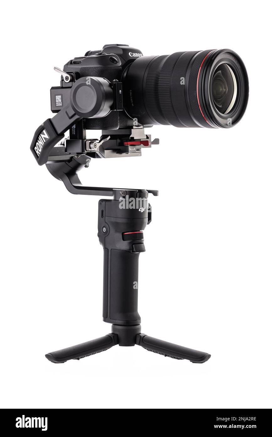 Varna, Bulgaria - February 17 ,2023: Canon R5 and DJI Ronin 3 mini is Three-Axis Motorized Gimbal Stabilizer for DSLR or Mirrorless Cameras manufactur Stock Photo