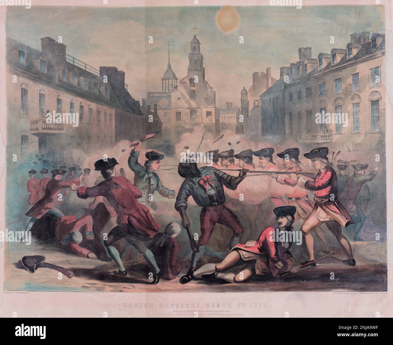 The Boston Massacre, was a confrontation in Boston on March 5, 1770, in which a group of nine British soldiers shot five people in a large crowd who were harassing them verbally and throwing various objects, vintage illustration from 1856 Stock Photo