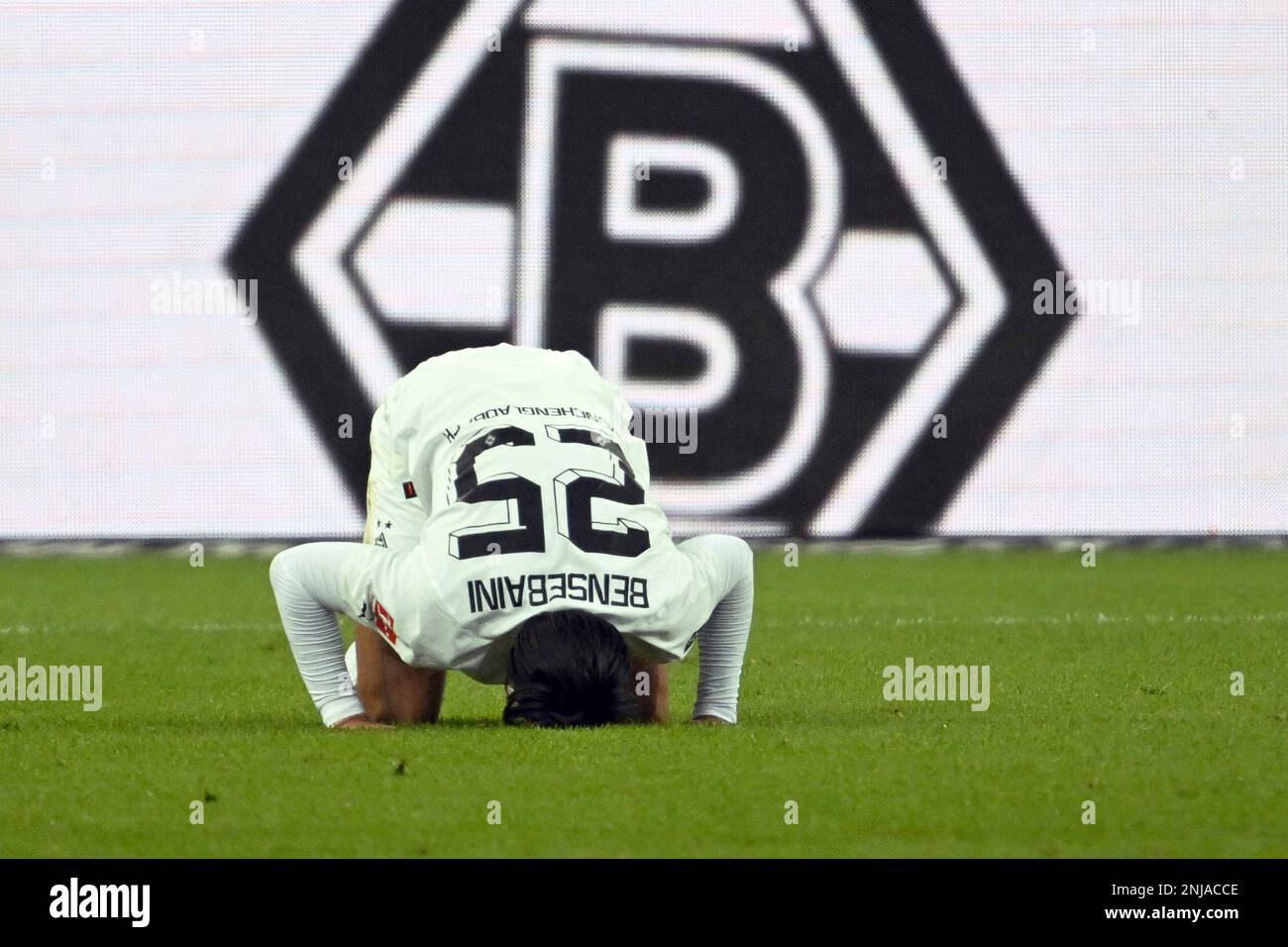 Borussia Monchengladbach's Ramy Bensebaini celebrates after scoring to 3:0  during the German Bundesliga soccer match between RB Leipzig and Borussia  Monchengladbach, at Borussia Park stadium in Monchengladbach, Germany,  Saturday, Sept. 17, 2022. (