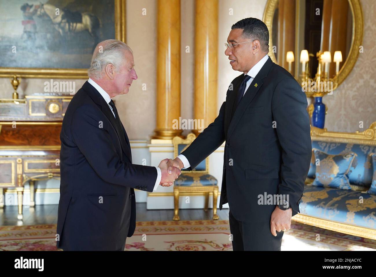 Britain's King Charles III shakes hands with Prime Minister of Jamaica