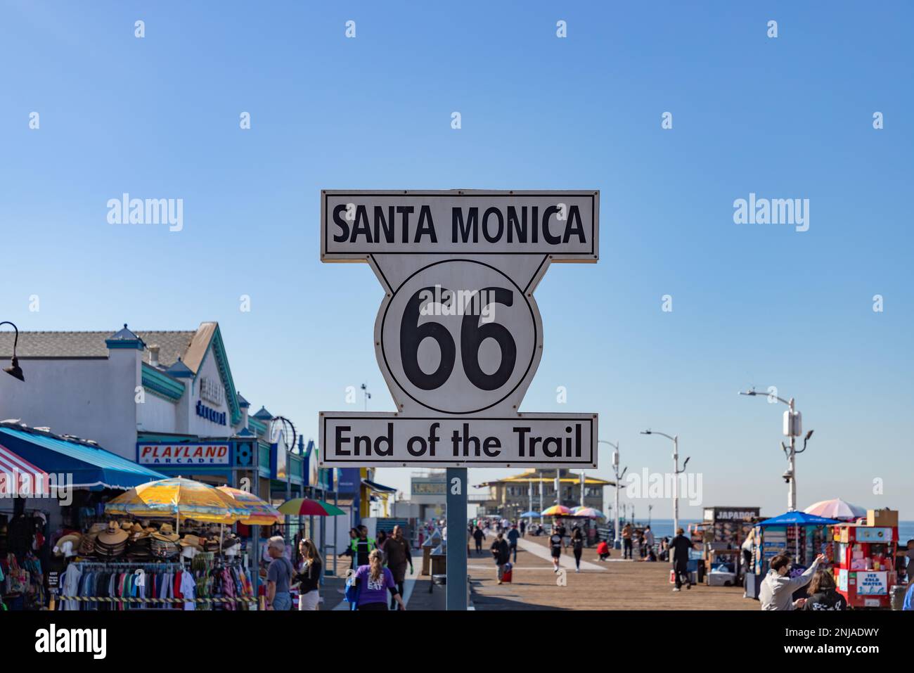 A picture of the Route 66 Santa Monica Pier sign. Stock Photo