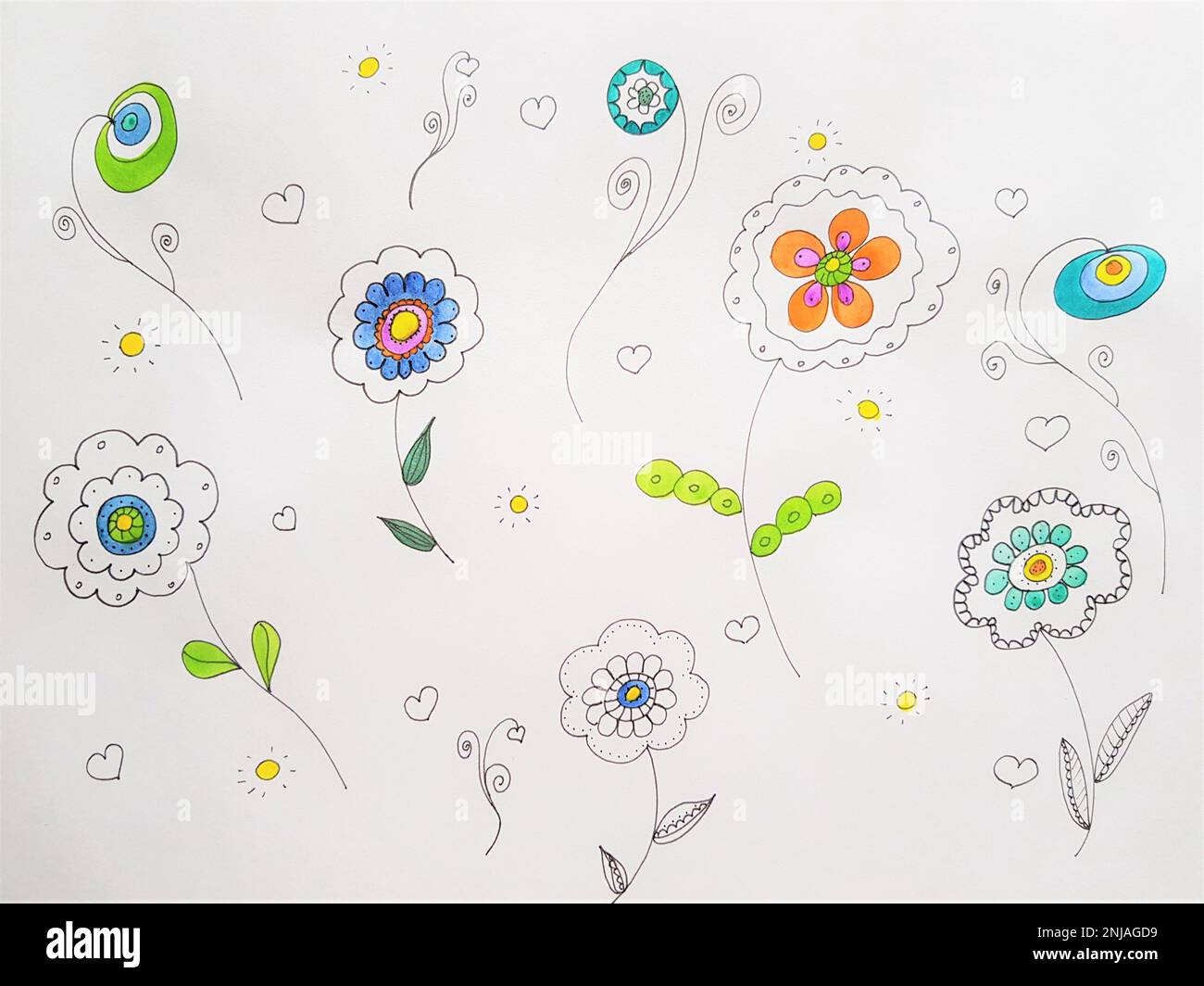 Hand drawn abstract watercolor flowers in white paper. Stock Photo