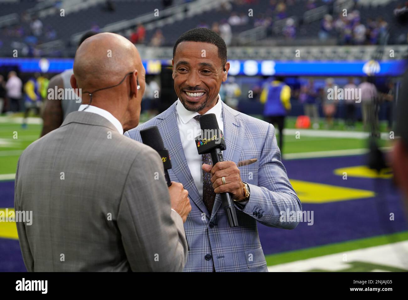 INGLEWOOD, CA - SEPTEMBER 8: Tony Dungy and Rodney Harrison of NBC Sports  during an NFL game between the Los Angeles Rams and the Buffalo Bills on  September 08, 2022, at SoFi