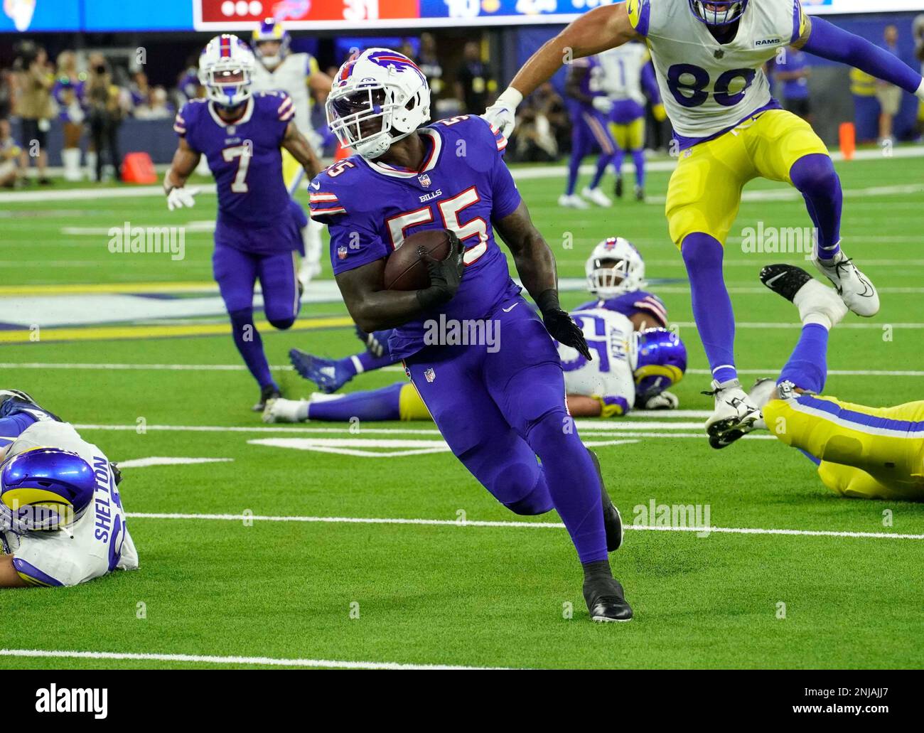 INGLEWOOD, CA - SEPTEMBER 8: Boogie Basham #55 of the Bills during an NFL  game between the Los Angeles Rams and the Buffalo Bills on September 08,  2022, at SoFi Stadium in