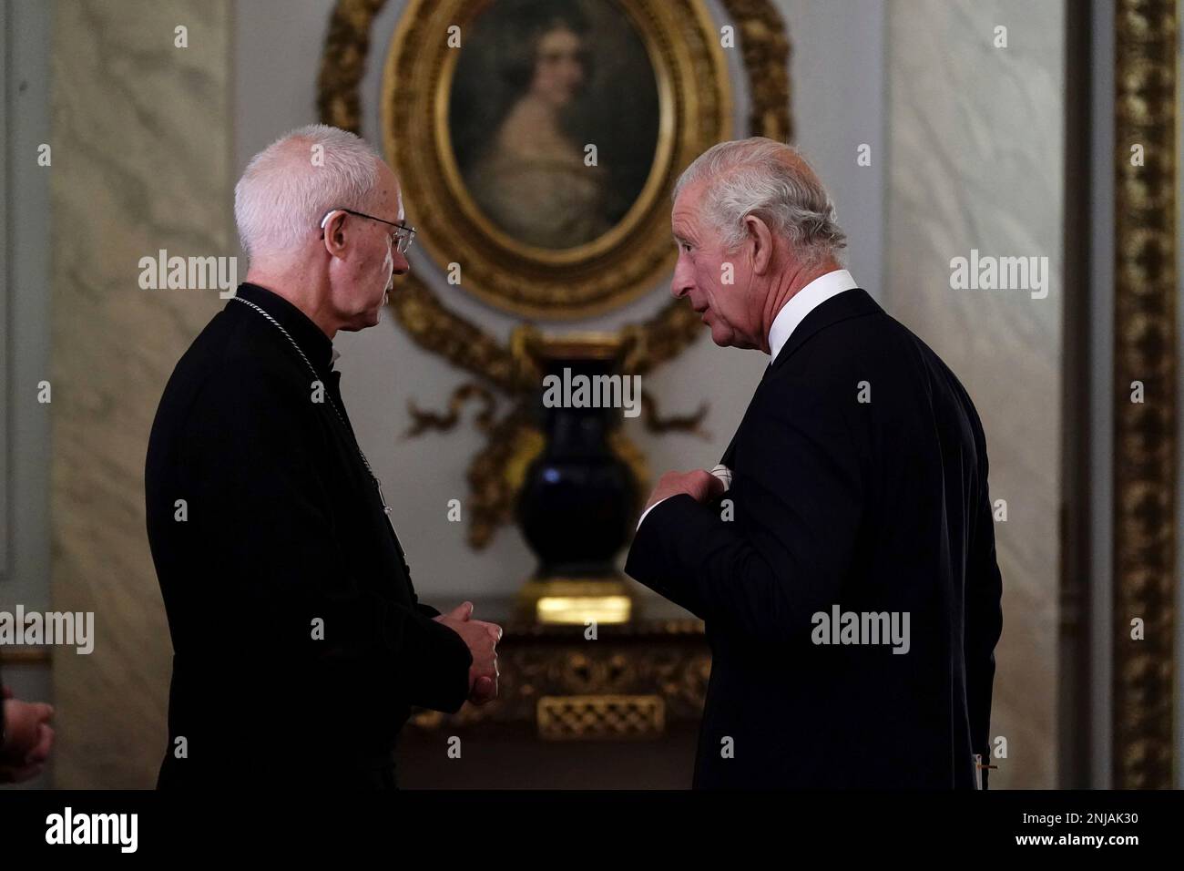 Britain's King Charles III speaks to Archbishop of Canterbury, Justin Welby, as he meets with faith leaders during a reception at Buckingham Palace, London, Friday Sept. 16, 2022. (Aaron Chown/Pool Photo via AP) Stock Photo