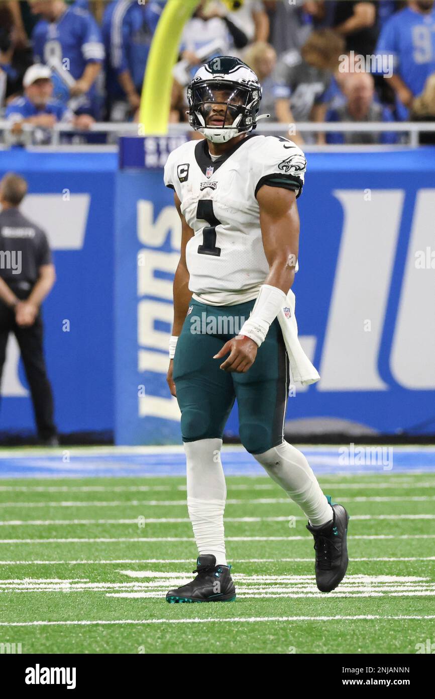 DETROIT, MI - SEPTEMBER 11: Philadelphia Eagles quarterback Jalen Hurts (1)  looks at the video board as he walks to the sideline at the end of the first  quarter during a regular