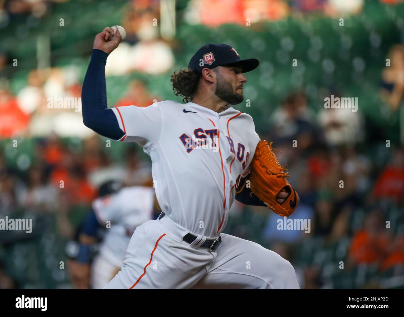 HOUSTON, TX - SEPTEMBER 15: Houston Astros starting pitcher Lance McCullers  Jr. (43) watches the pitch in the top of the first inning during the MLB  game between the Oakland Athletics and