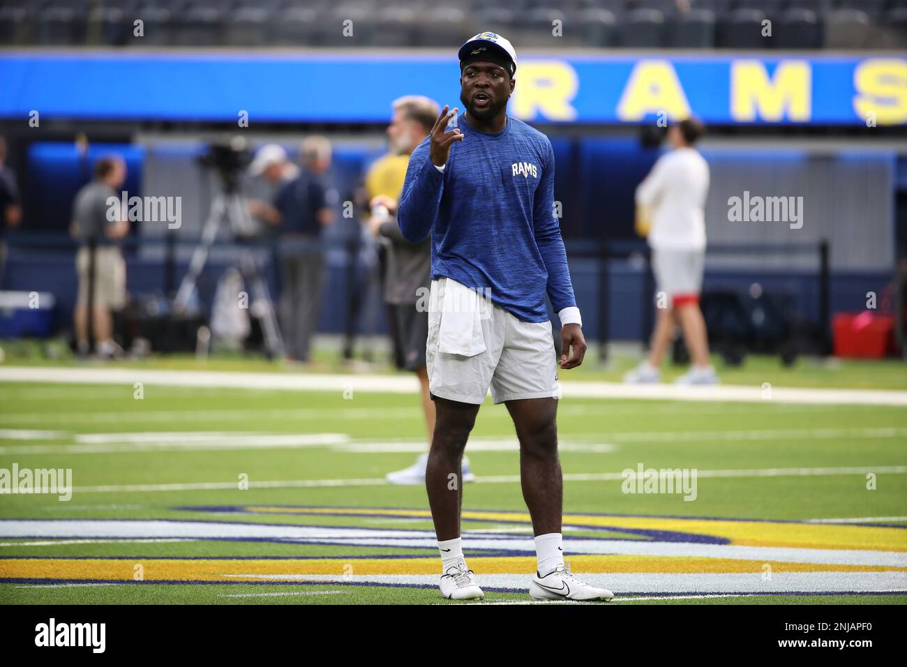 INGLEWOOD, CA - SEPTEMBER 08: Los Angeles Rams quarterback Bryce Perkins  (16) during the Buffalo Bills game versus the Los Angeles Rams on September  8, 2022, at Sofi Stadium in Inglewood, CA. (