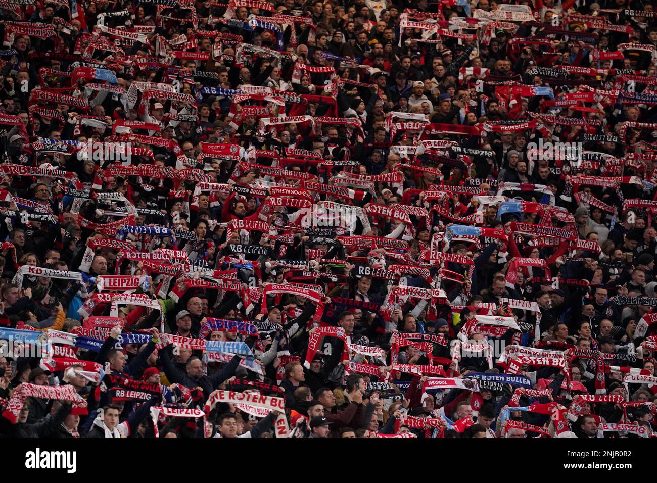 RB Leipzig fans show their support in the stands before the Champions League round of 16 first leg match at the Red Bull Arena in Leipzig, Germany. Picture date: Wednesday February 22, 2023. Stock Photo