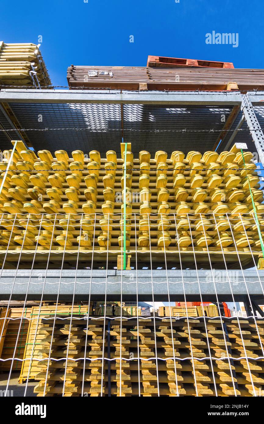 Outdoor racks of cut timber for building supplies at store