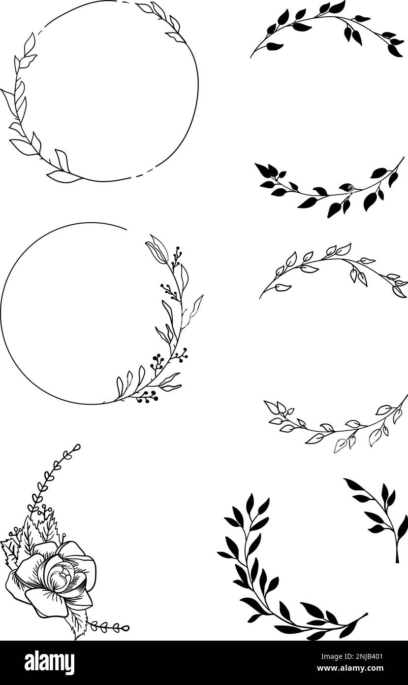 set of hand drawn vector flowers and branches with leaves, flowers ...