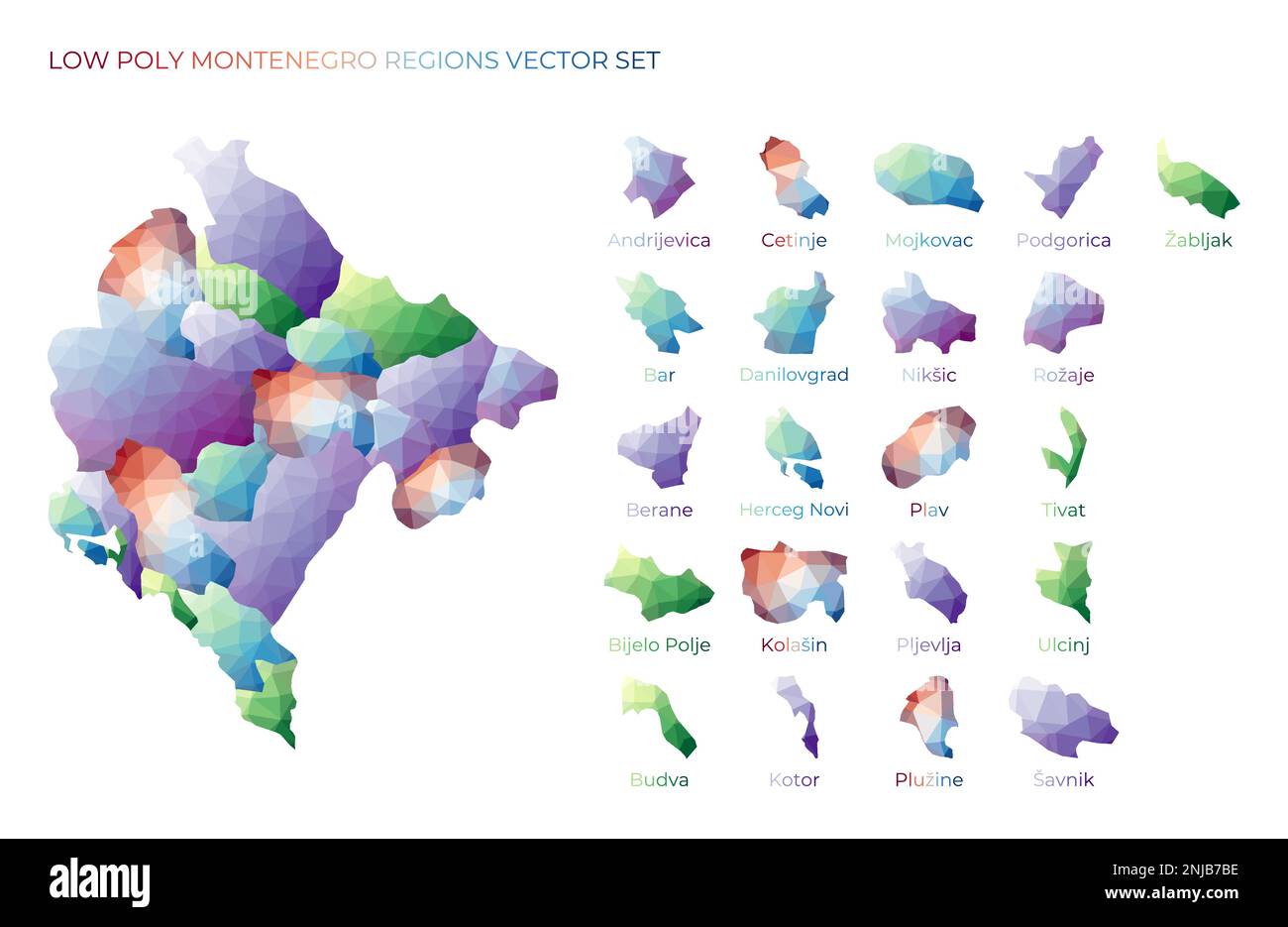 Montenegrin low poly regions. Polygonal map of Montenegro with regions ...