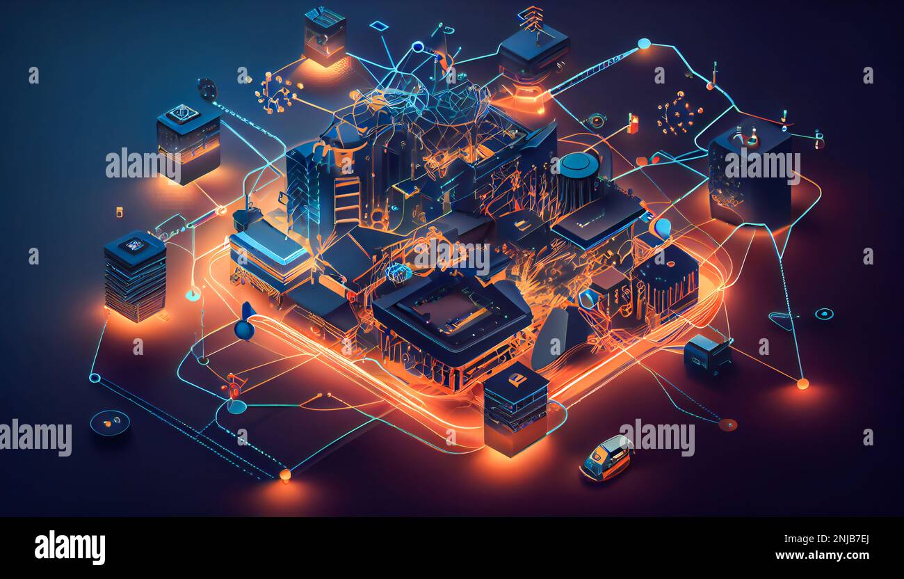 A graphical representation of a connected IoT network, with various