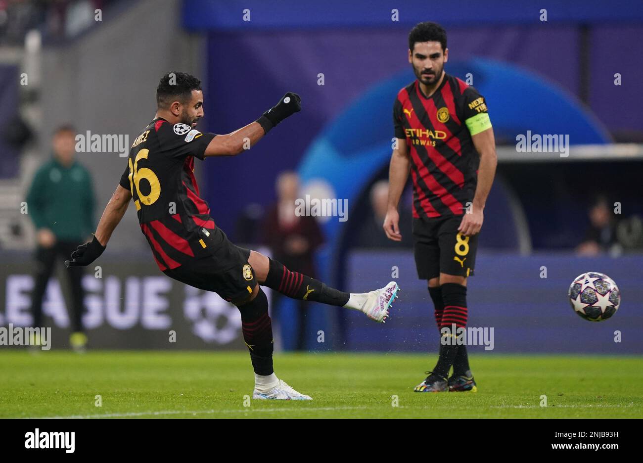 Manchester City's Riyad Mahrez takes a free-kick during the Champions League round of 16 first leg match at the Red Bull Arena in Leipzig, Germany. Picture date: Wednesday February 22, 2023. Stock Photo