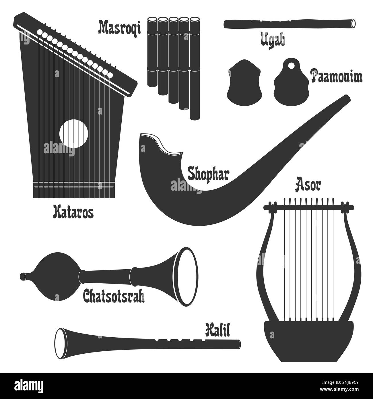 Vector set of silhouettes. 'Musical Instruments in the Bible' series. Stock Vector
