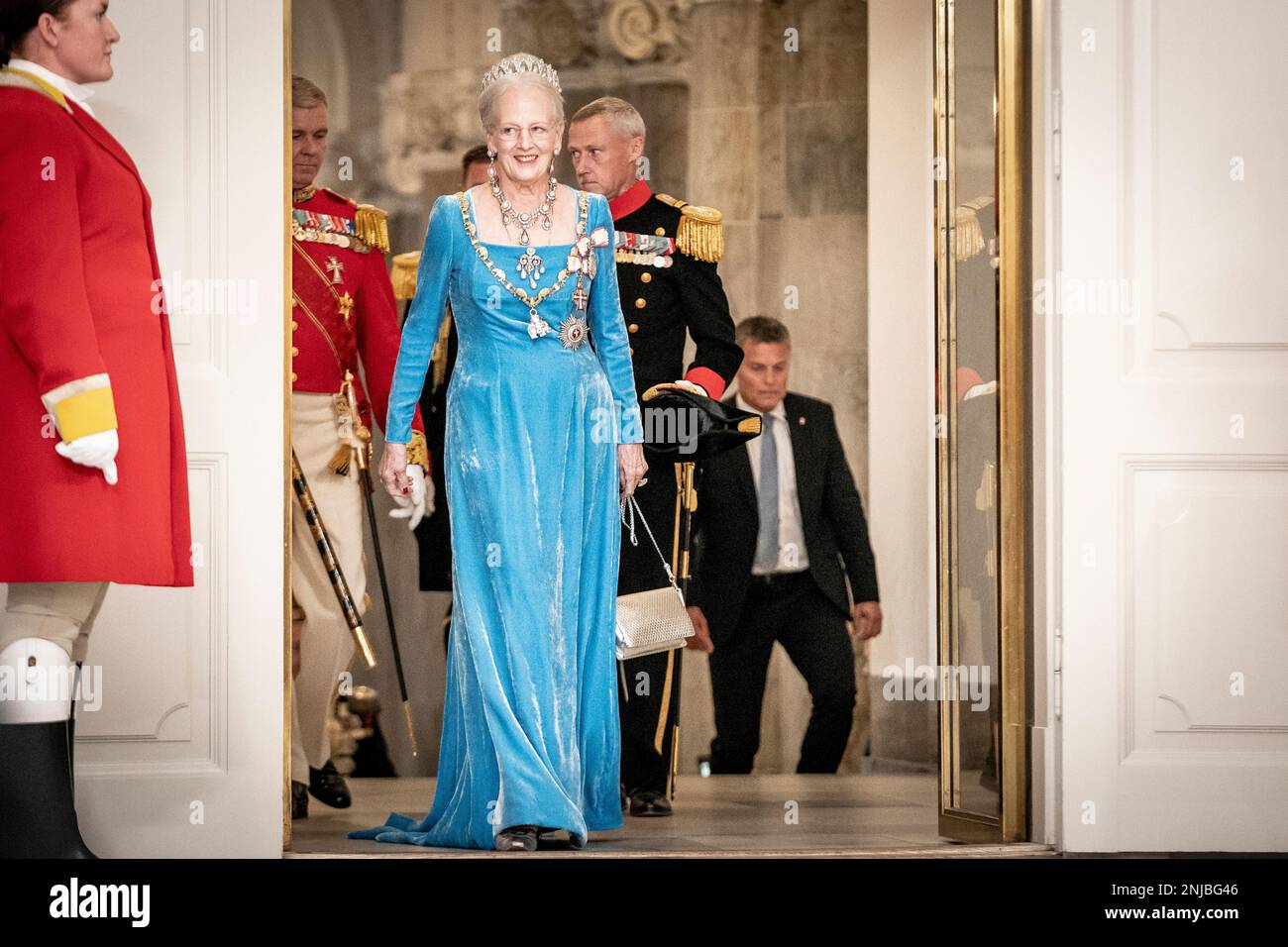 Queen Margrethe arrives to the gala banquet at Palace in