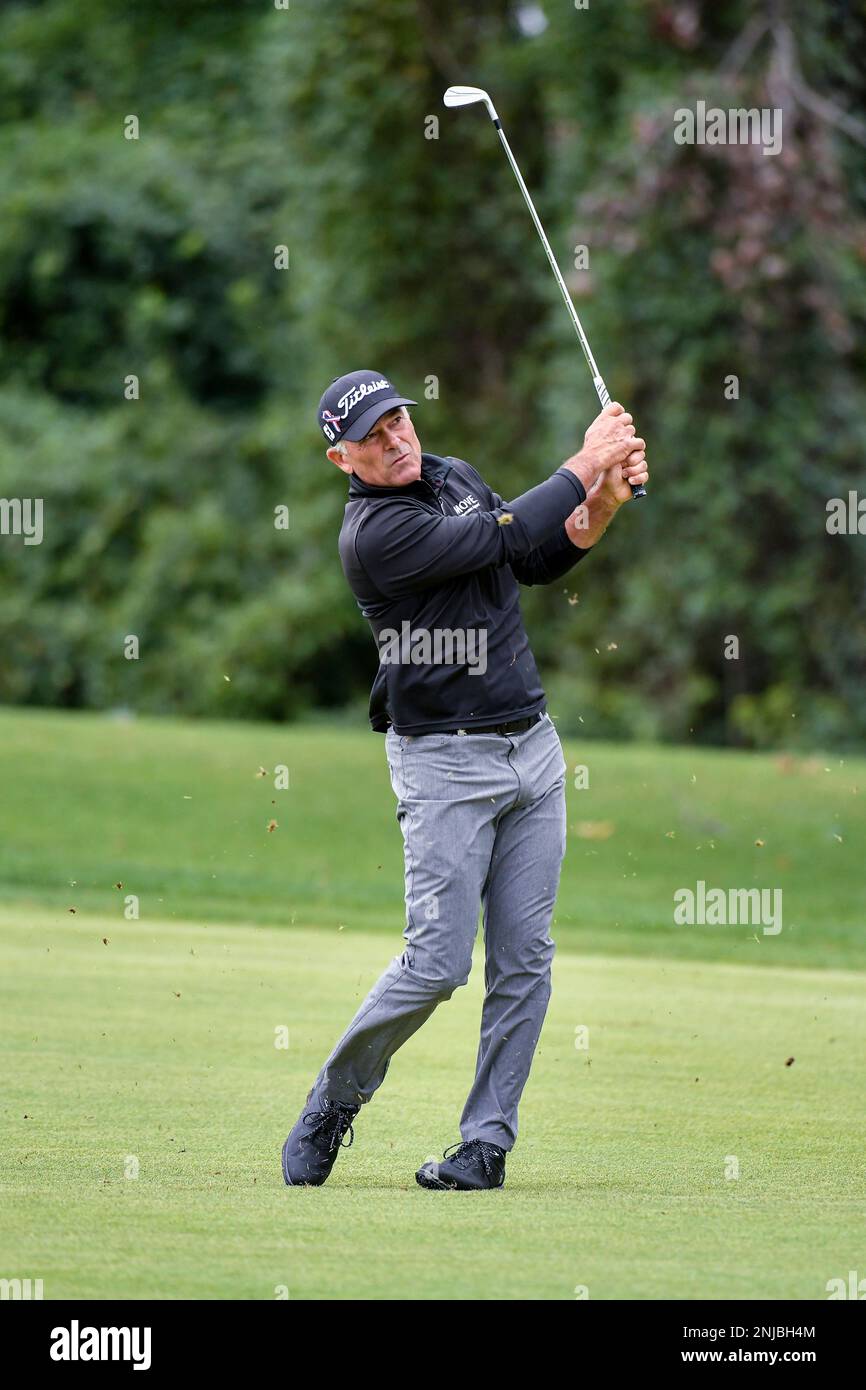 September 11, 2022: Golfer Tom Byrum hits from the 1st fairway despite  battling wet and windy conditions the final day of the Ascension Charity  Classic held at Norwood Hills Country Club in