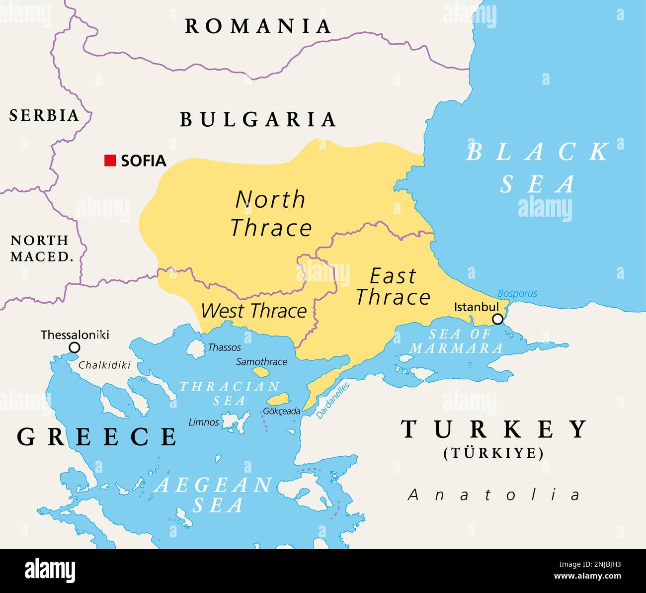 Thrace, geographical and historical region in Southeast Europe, political map. Modern boundaries of Thrace, split among Bulgaria, Greece and Turkey. Stock Photo