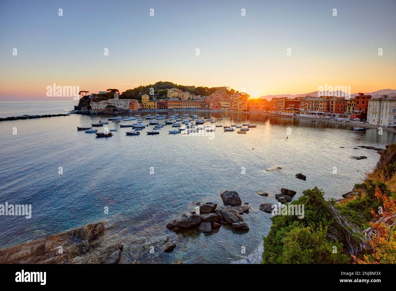 Silent bay at sunset, Sestri Levante, Italy Stock Photo