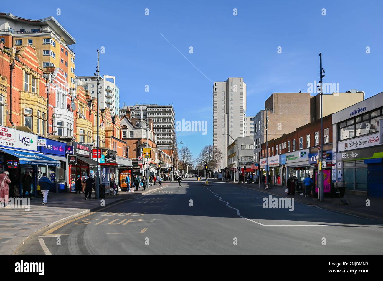 Traditional high street shops, like these in Ilford, east London, are struggling to compete with online outlets Stock Photo