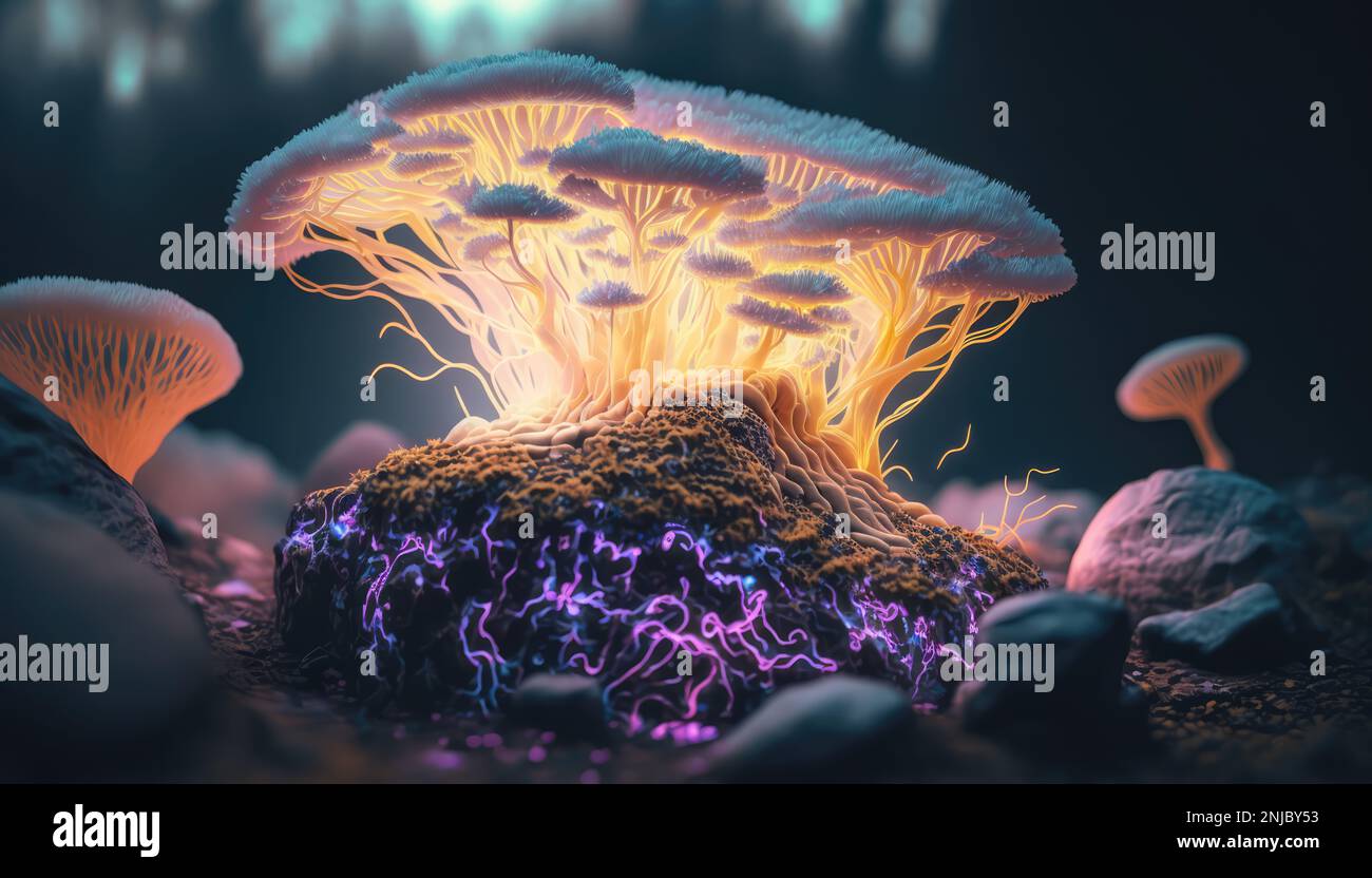 Neon Glowing Mycelium - Illuminated Fungal Growth in the Dark. Generative ai illustration Stock Photo