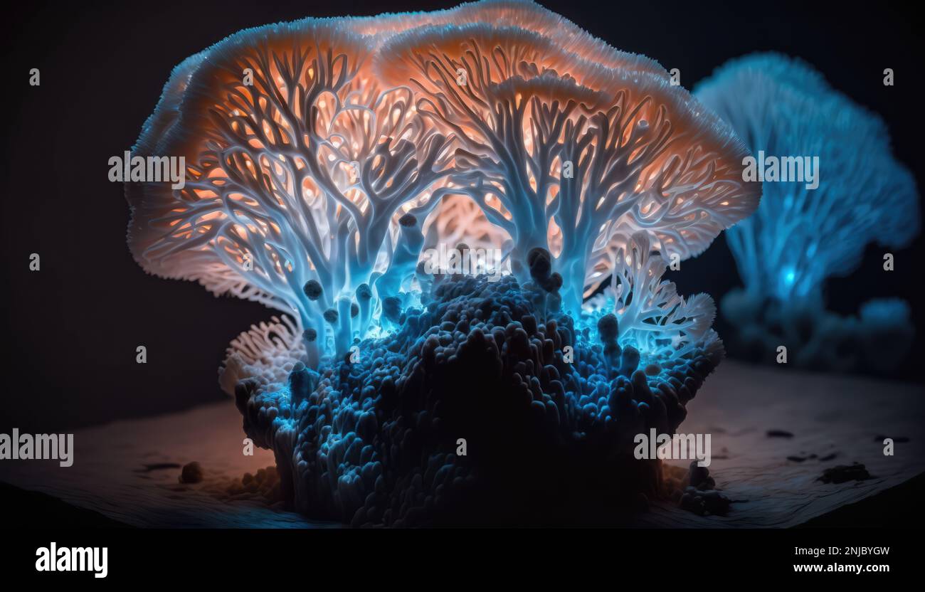 Neon Glowing Mycelium - Illuminated Fungal Growth in the Dark. Generative ai illustration Stock Photo